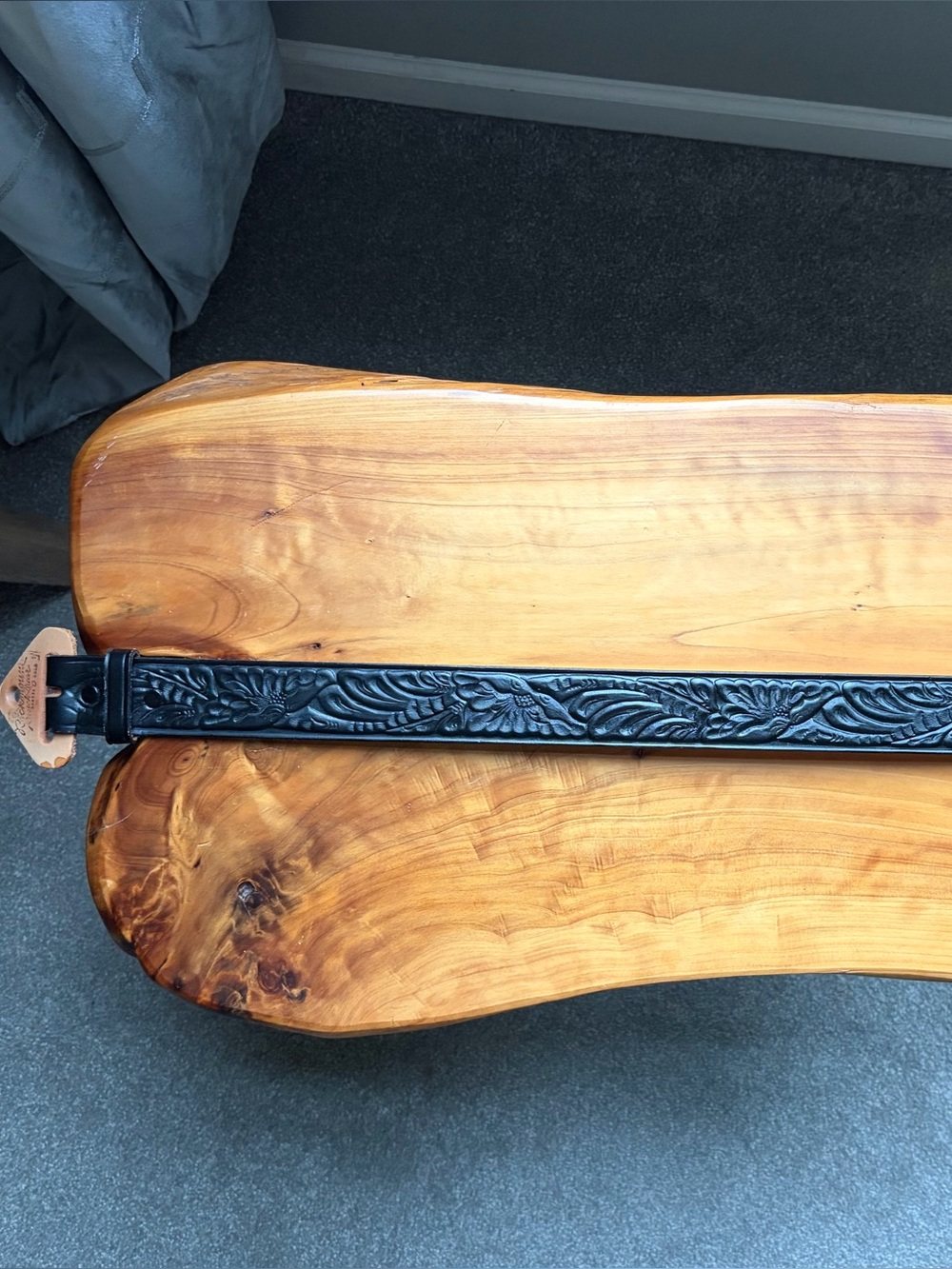 Black Tooled Leather Women's Belt with Floral Embossing